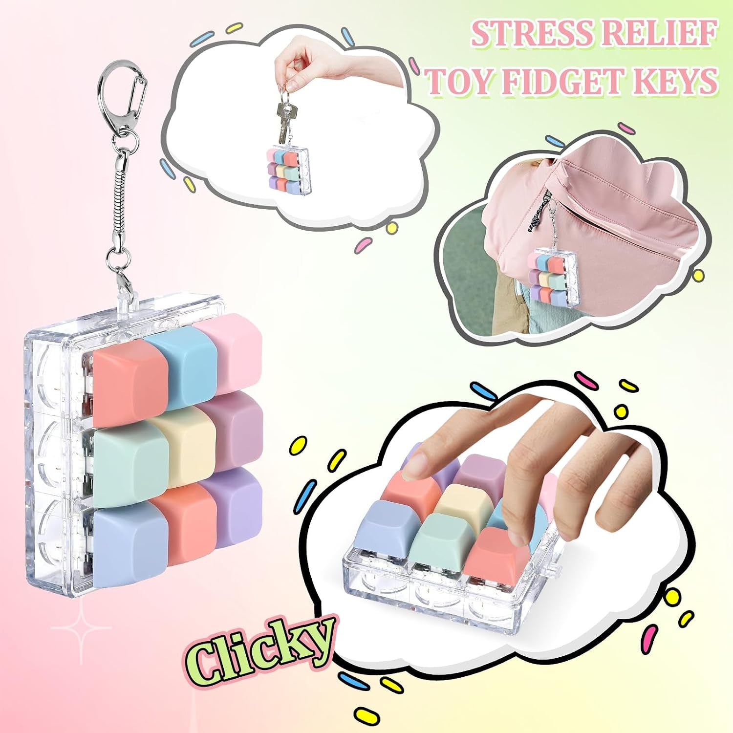 Keyboard Fidget Toy, Fidget Clicker Keychain Stress Relief Button Toy for Adults, Colorful Macaron Stress Relief Gifts for Stress Relief and Pass Time