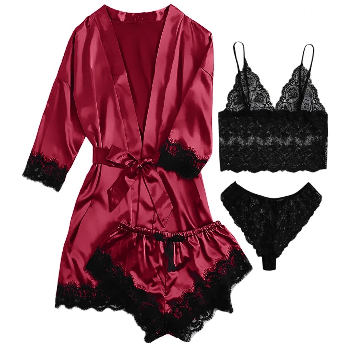 Robes for Women Satin Silk Pajamas Set 4Pcs Lace Trim Cami Sexy Lingerie Sleepwear Underwear