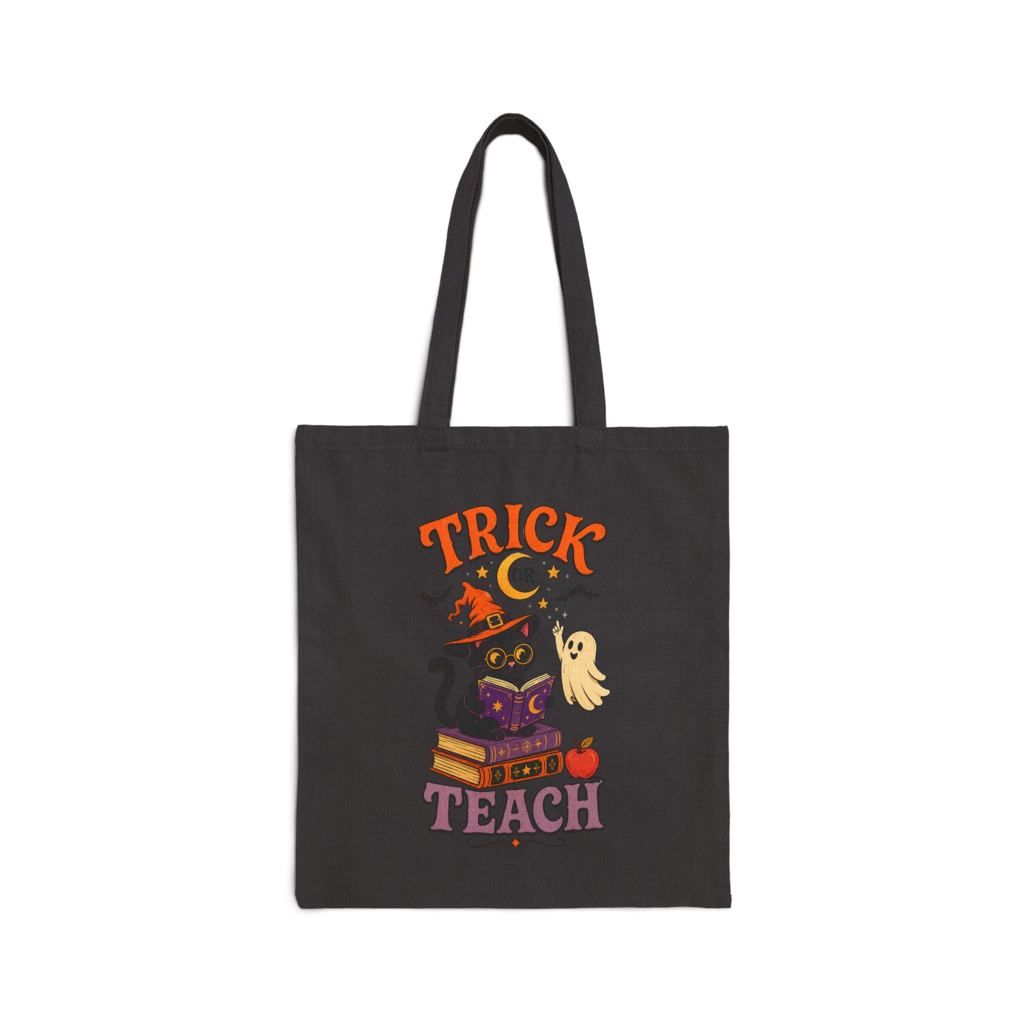 Tote Bag — "Trick or Teach" Halloween Teacher Tote with Witch Cat & Books