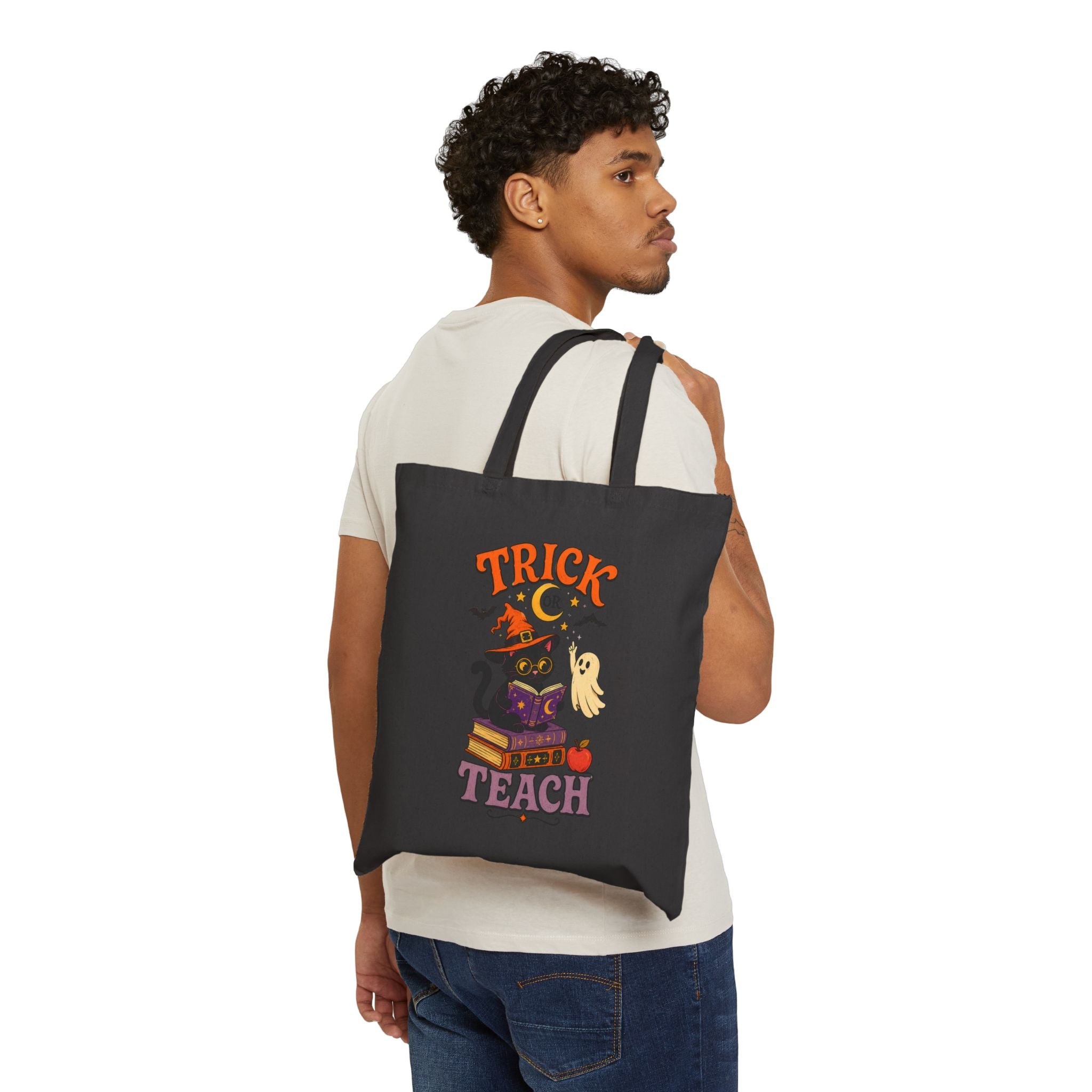Tote Bag — "Trick or Teach" Halloween Teacher Tote with Witch Cat & Books