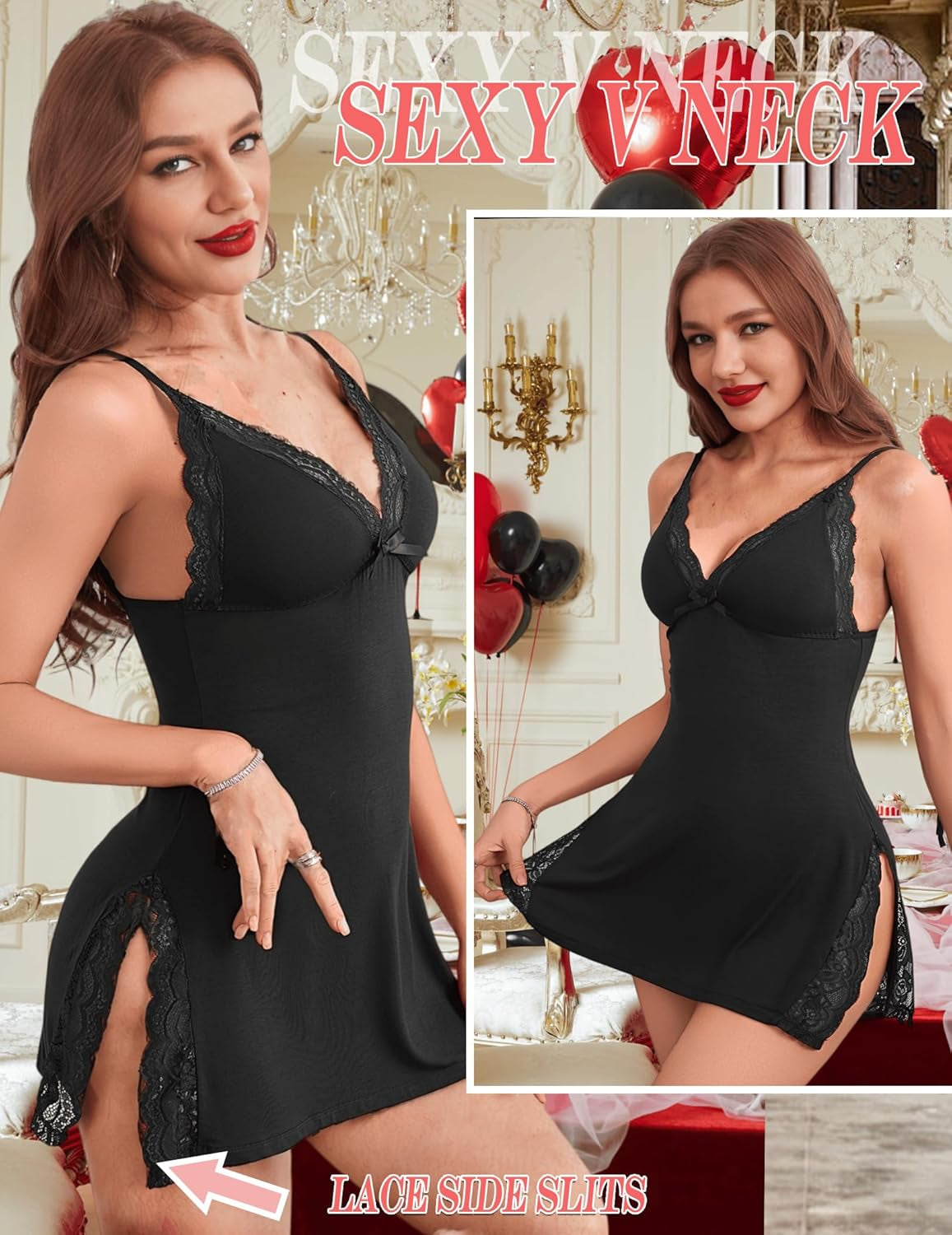 Women'S Lingerie Sexy Nightwear Spaghetti Strap Nightgown Babydoll | Sexy Lingerie for Women, V-Neck Babydoll Lingerie, Cotton Nightgown, Side Slit Chemise Nighty