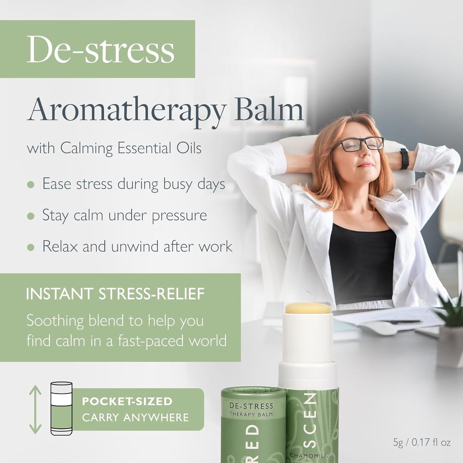 Aromatherapy Stress Relief Balm Stick - De Stress Essential Oil Roll on Calm Carry for Relaxation - Natural Stress Reliever - Chamomile, Cedarwood, Rosemary - Destress Gifts for Women