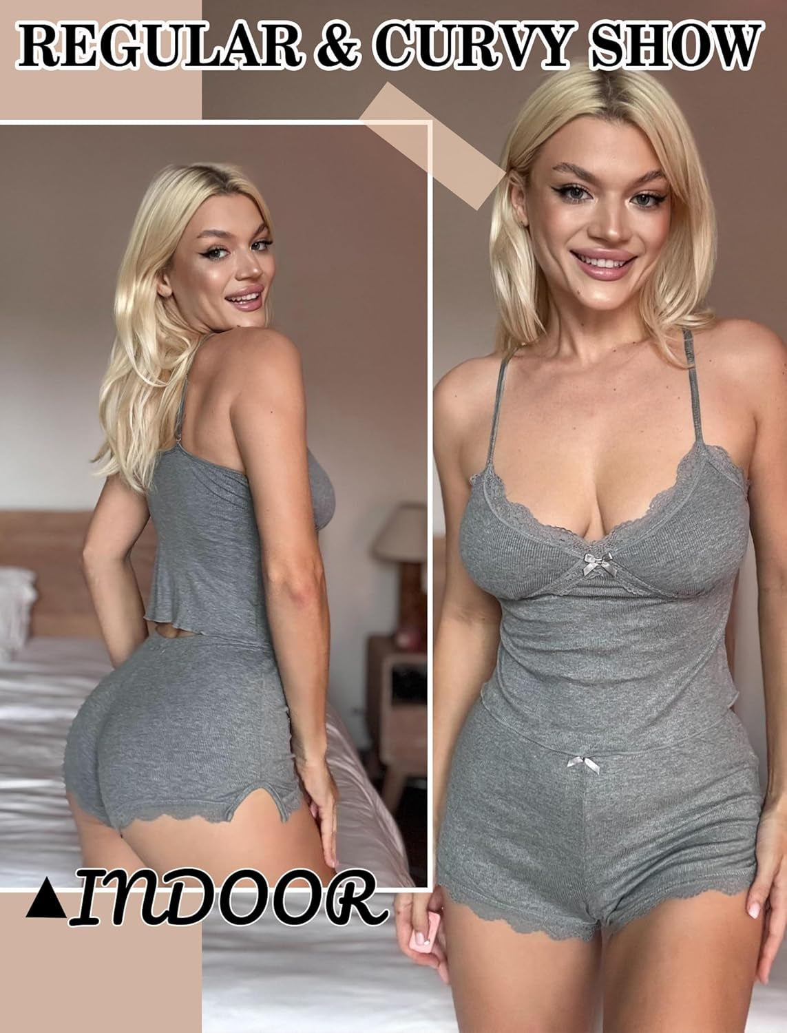 Women'S Soft Ribbed Knit Cami Pajama Set Sexy V Neck Lace Trim Sleepwear Side Slit Shorts Lingerie Nightwear