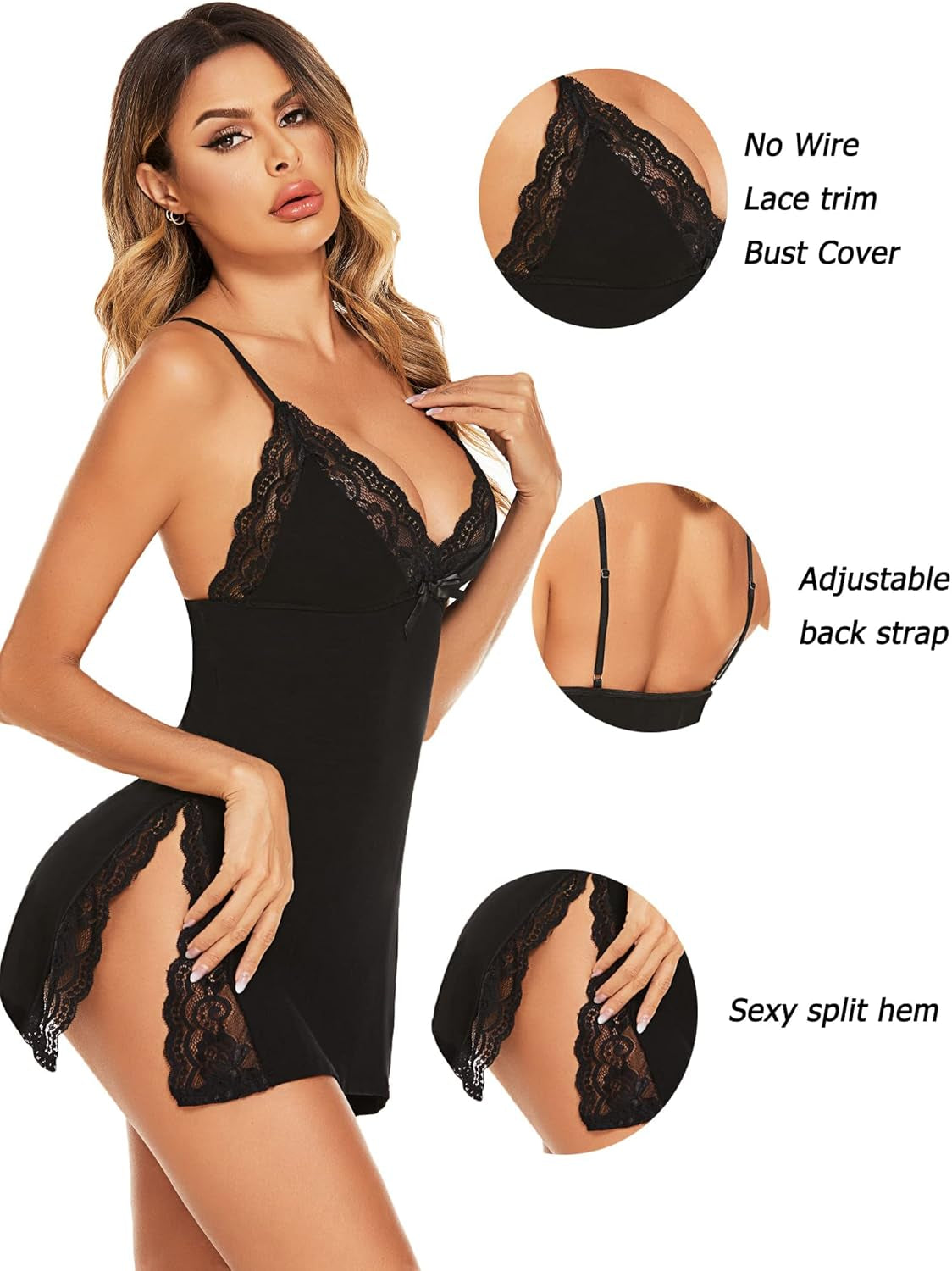Women'S Lingerie Sexy Nightwear Spaghetti Strap Nightgown Babydoll | Sexy Lingerie for Women, V-Neck Babydoll Lingerie, Cotton Nightgown, Side Slit Chemise Nighty