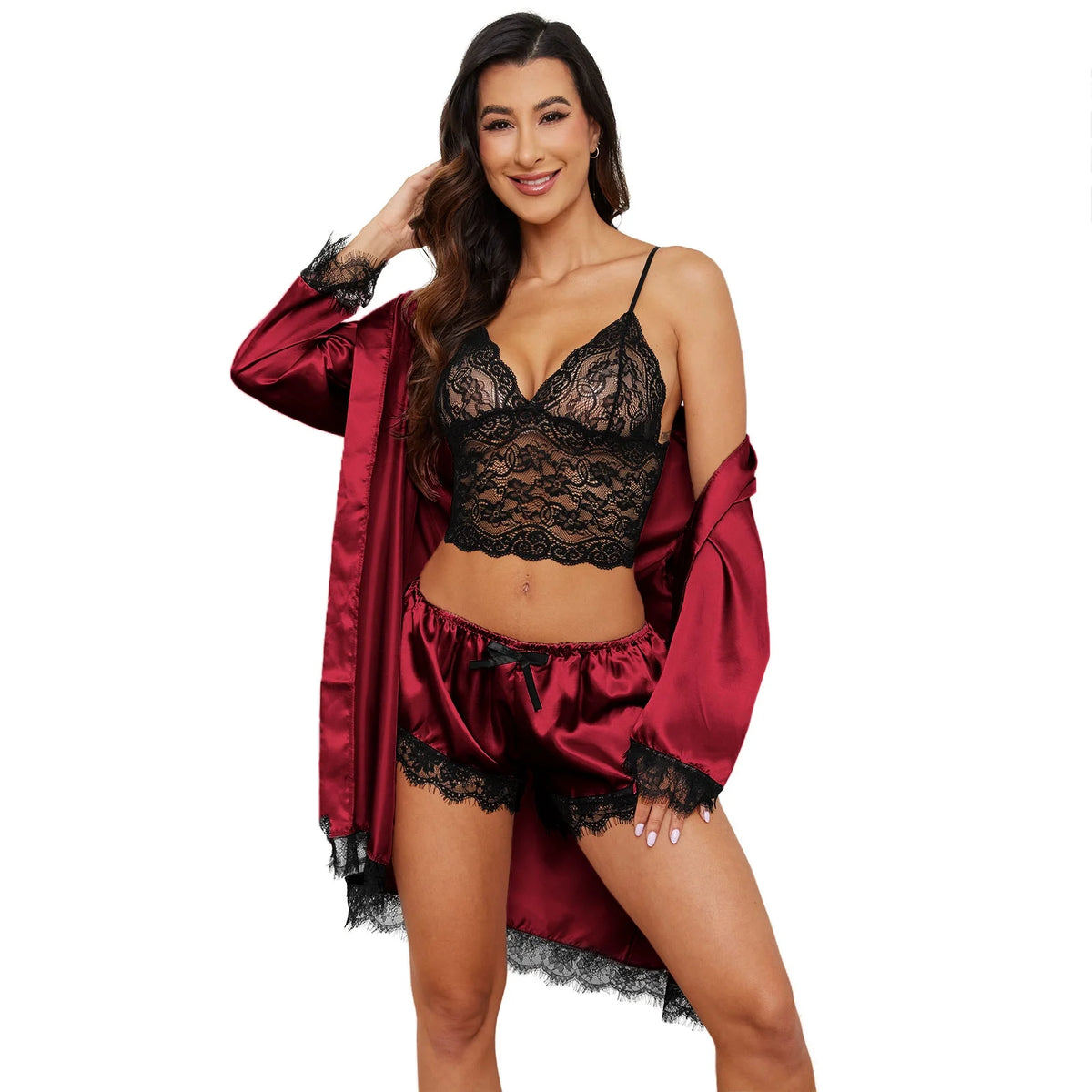 Robes for Women Satin Silk Pajamas Set 4Pcs Lace Trim Cami Sexy Lingerie Sleepwear Underwear