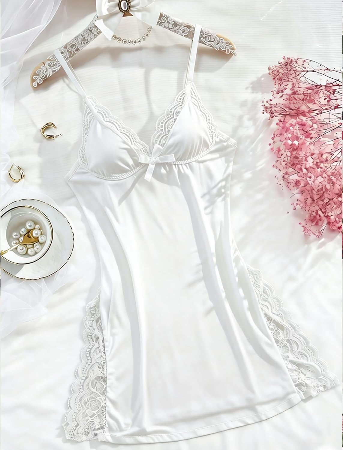 Women'S Lingerie Sexy Nightwear Spaghetti Strap Nightgown Babydoll | Sexy Lingerie for Women, V-Neck Babydoll Lingerie, Cotton Nightgown, Side Slit Chemise Nighty