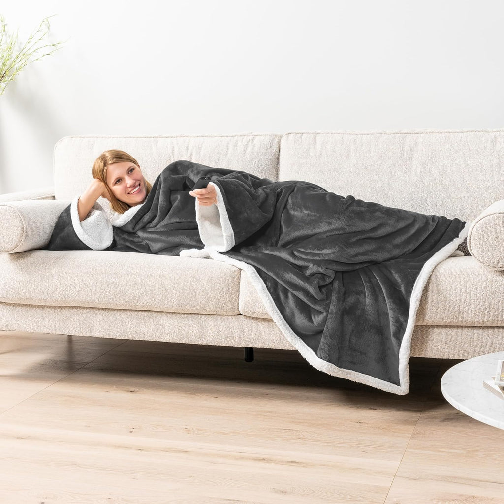 Sherpa Wearable Blanket with Sleeves and Pocket, Plush Thick Cozy Body Blanket Wrap for Adult Women Men, Christmas Gift for Wife Mom, Dark Grey