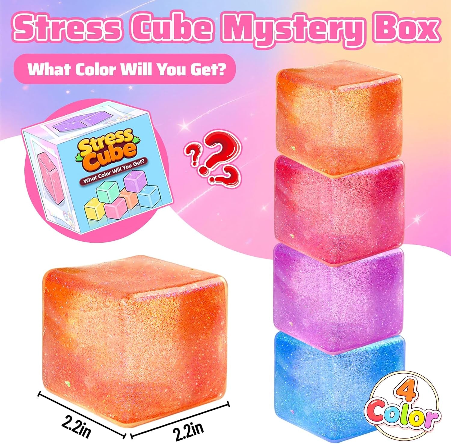 4 Pack Big Ice Cube Squishy Toys, 4 Color Glitter Stress Cube Fidget Toys, 2.2 Inch Sensory Squeeze Toys, Squishy Cube Pack for Kids Adult Anxiety Stress Relief, Quiet Fidgets for Classroom Home