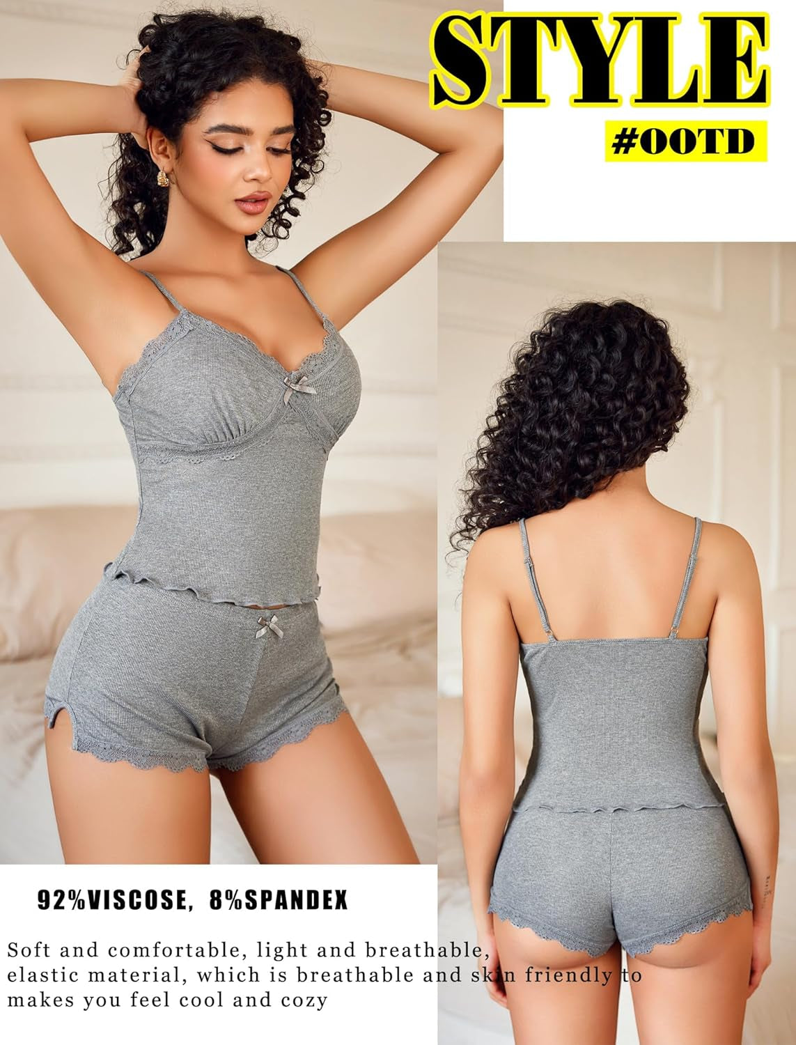 Women'S Soft Ribbed Knit Cami Pajama Set Sexy V Neck Lace Trim Sleepwear Side Slit Shorts Lingerie Nightwear