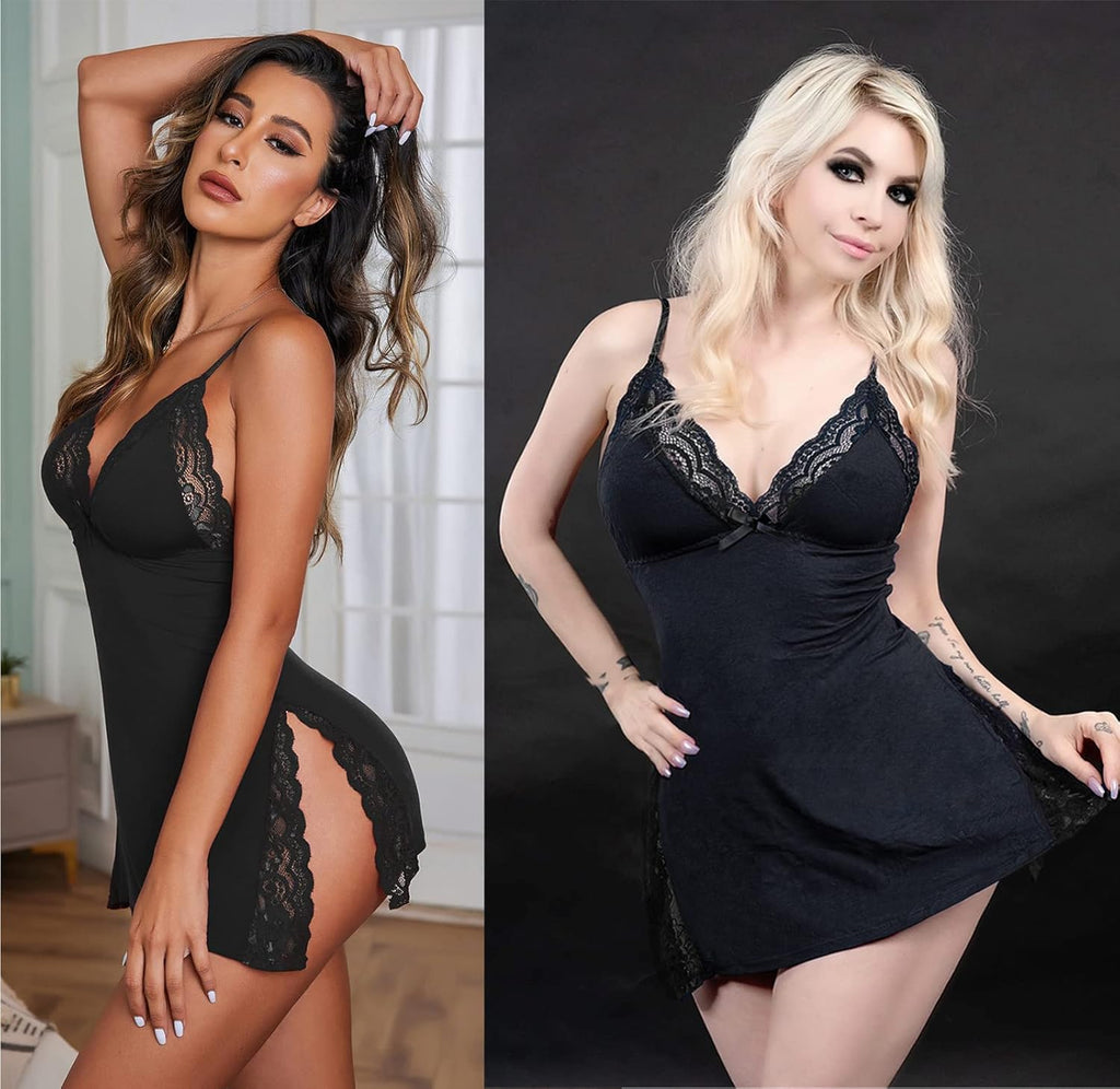 Women'S Lingerie Sexy Nightwear Spaghetti Strap Nightgown Babydoll | Sexy Lingerie for Women, V-Neck Babydoll Lingerie, Cotton Nightgown, Side Slit Chemise Nighty