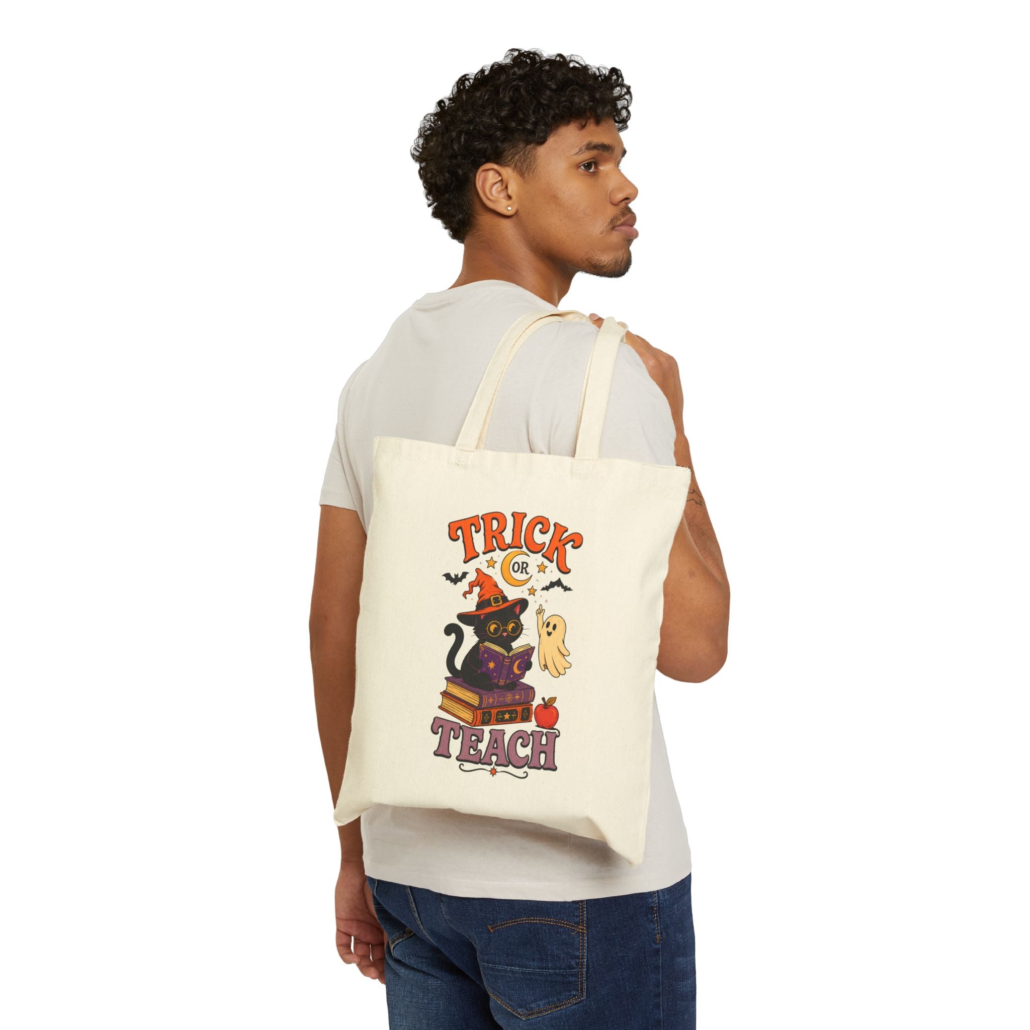 Tote Bag — "Trick or Teach" Halloween Teacher Tote with Witch Cat & Books