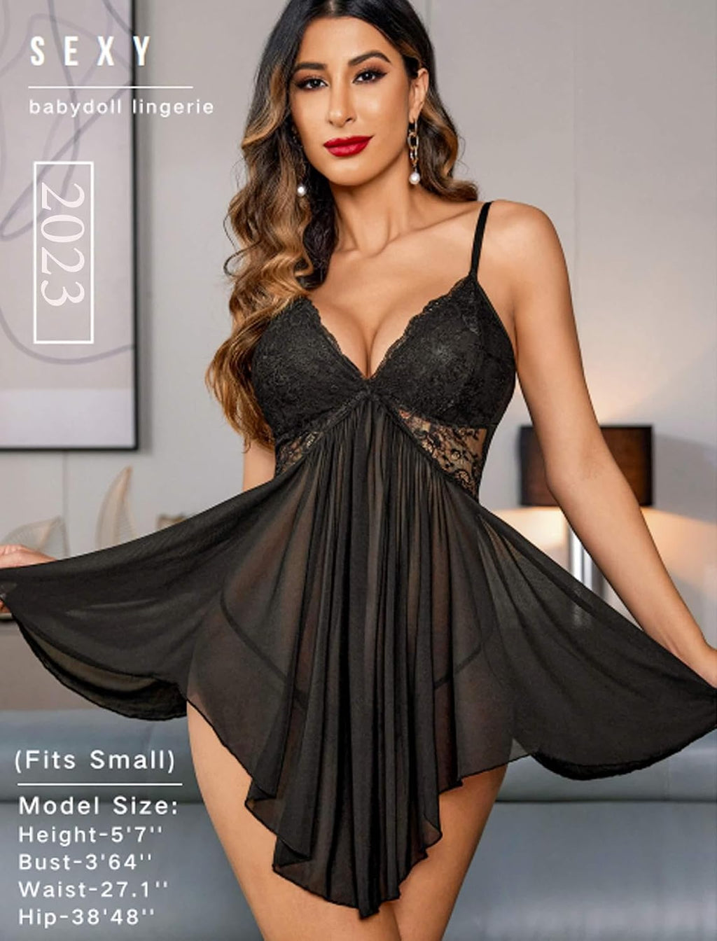 Women Lingerie Lace Babydoll V Neck Sexy Sleepwear Strap Chemise | Nightgown with Thong 2 Piece,Sheer Mesh Lingerie Dress,Nightwear,Boudoir Outfits,Wedding for Bride,Valentines Day