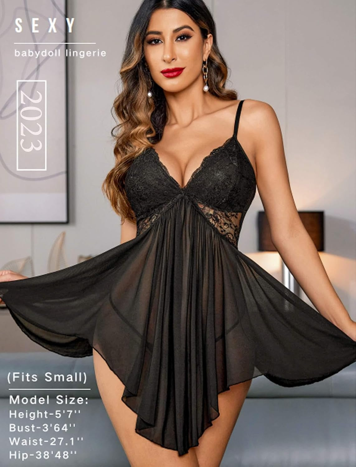 Women Lingerie Lace Babydoll V Neck Sexy Sleepwear Strap Chemise | Nightgown with Thong 2 Piece,Sheer Mesh Lingerie Dress,Nightwear,Boudoir Outfits,Wedding for Bride,Valentines Day