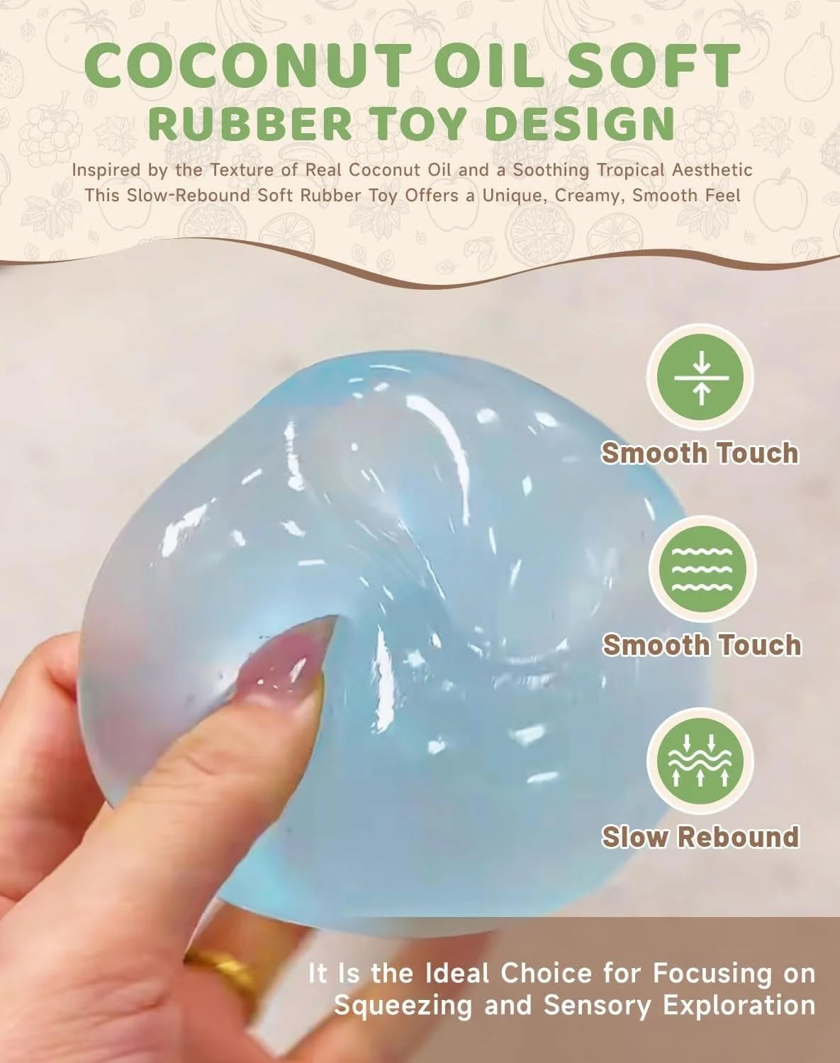 Coconut Oil Squishy, Coconut Oil Slow Rising Squeeze Stress Ball Clear Jelly Bubblegum Texture Coconut Oil Squishy Toy (Blue)