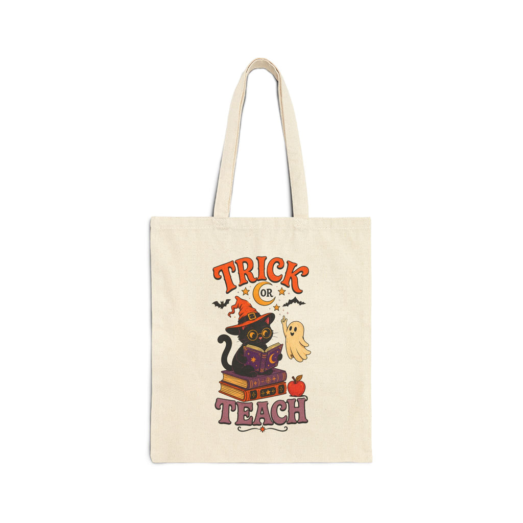 Tote Bag — "Trick or Teach" Halloween Teacher Tote with Witch Cat & Books