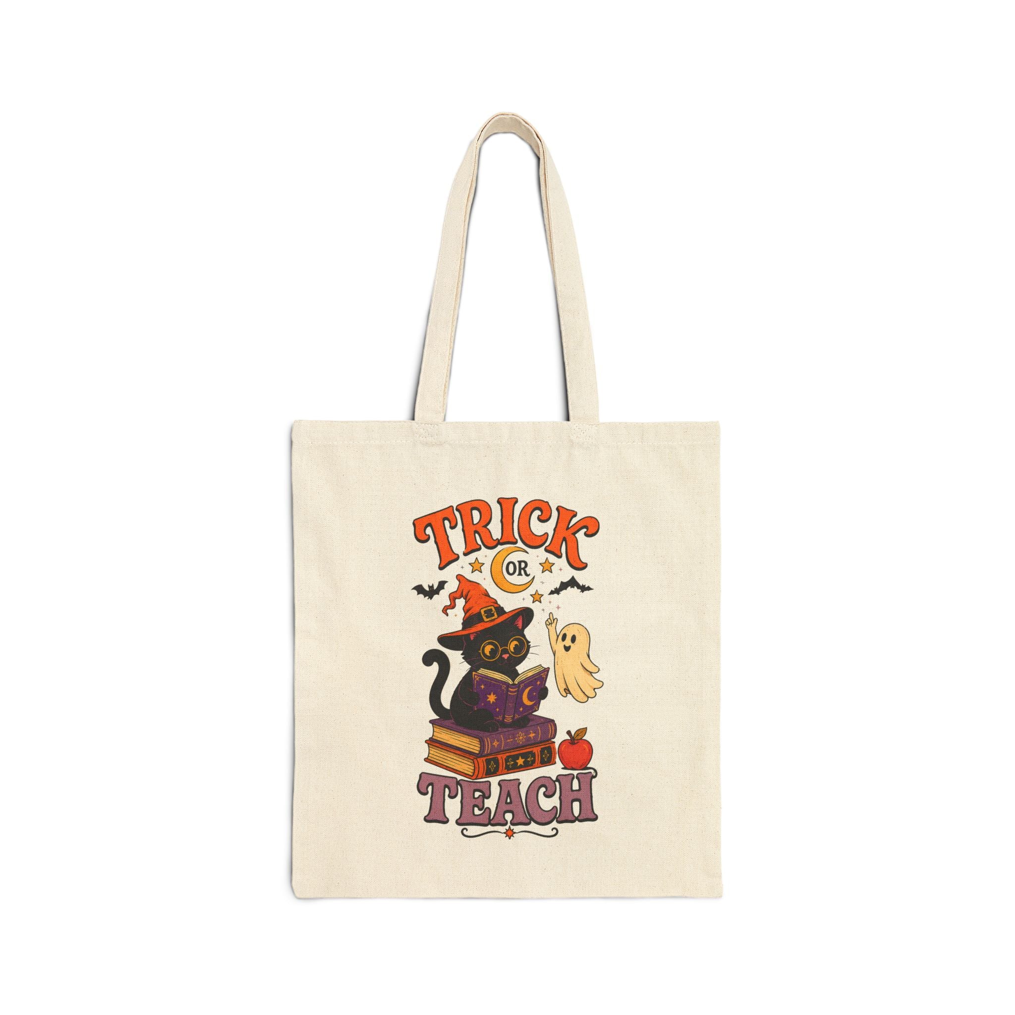 Tote Bag — "Trick or Teach" Halloween Teacher Tote with Witch Cat & Books