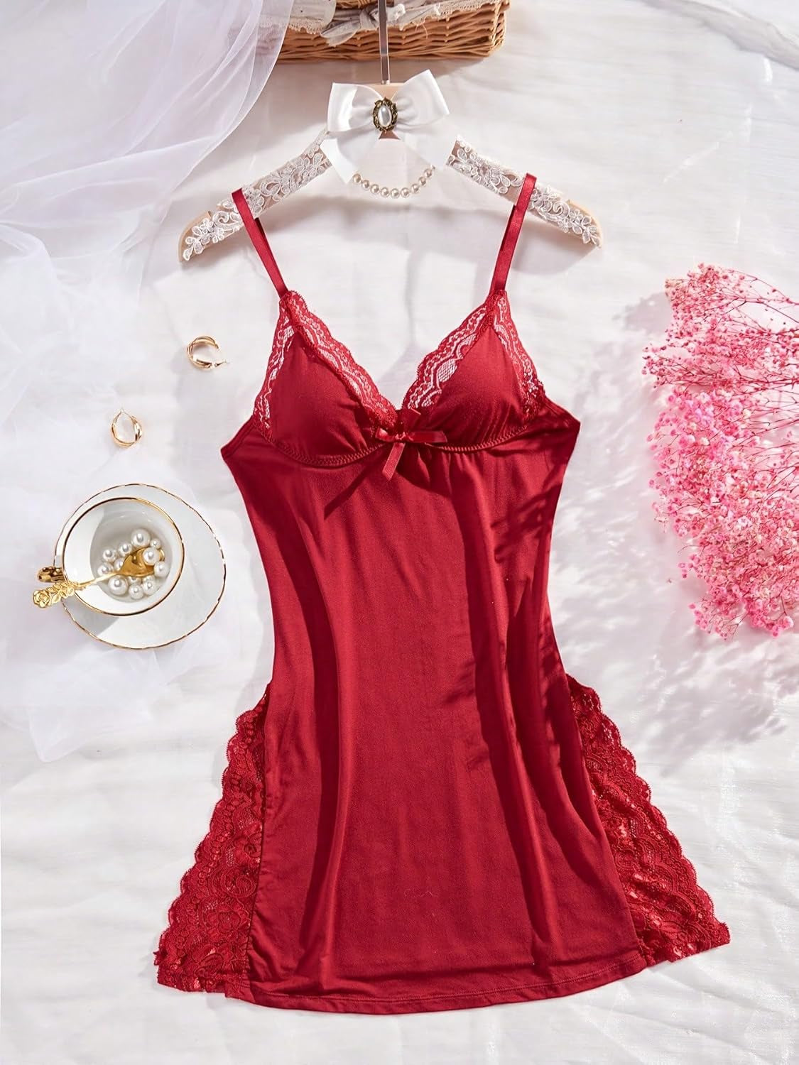 Women'S Lingerie Sexy Nightwear Spaghetti Strap Nightgown Babydoll | Sexy Lingerie for Women, V-Neck Babydoll Lingerie, Cotton Nightgown, Side Slit Chemise Nighty