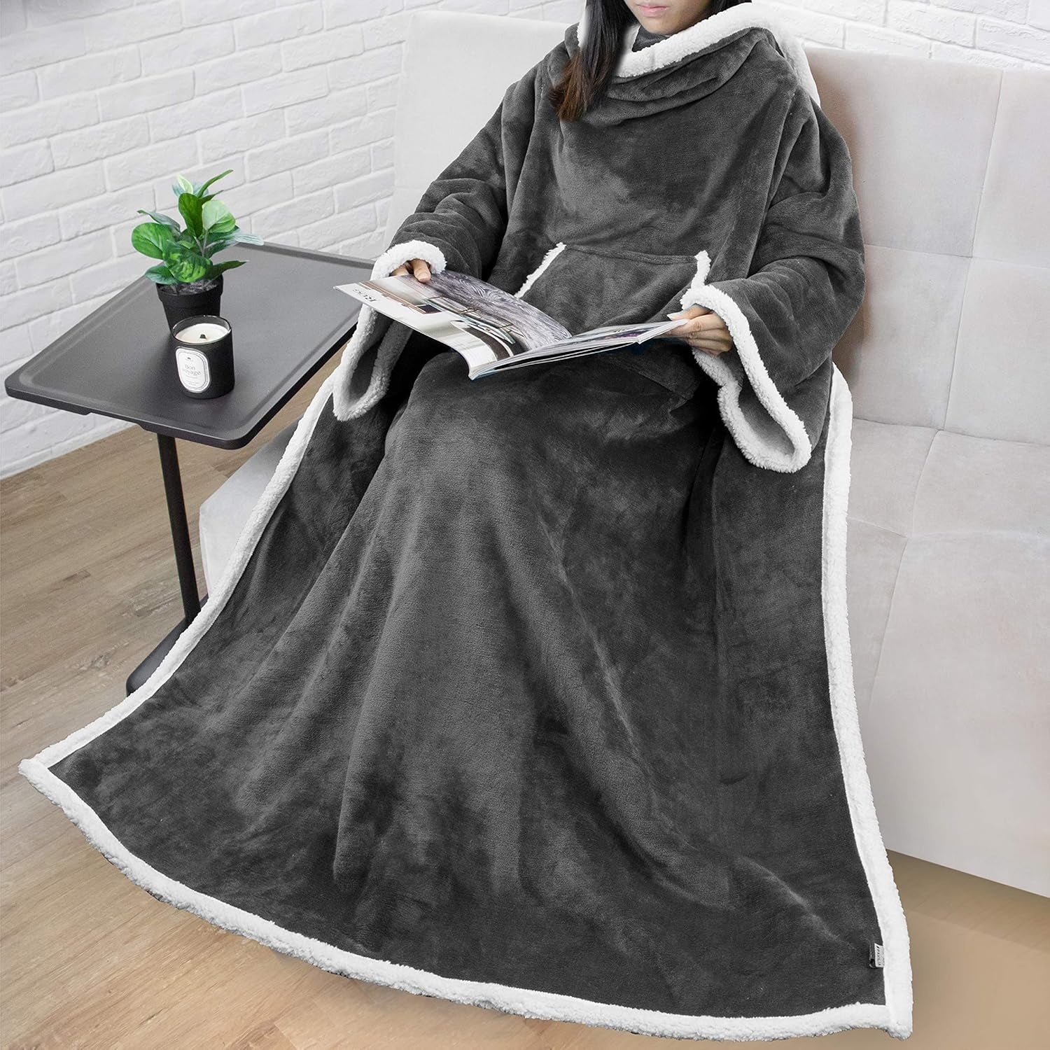 Sherpa Wearable Blanket with Sleeves and Pocket, Plush Thick Cozy Body Blanket Wrap for Adult Women Men, Christmas Gift for Wife Mom, Dark Grey