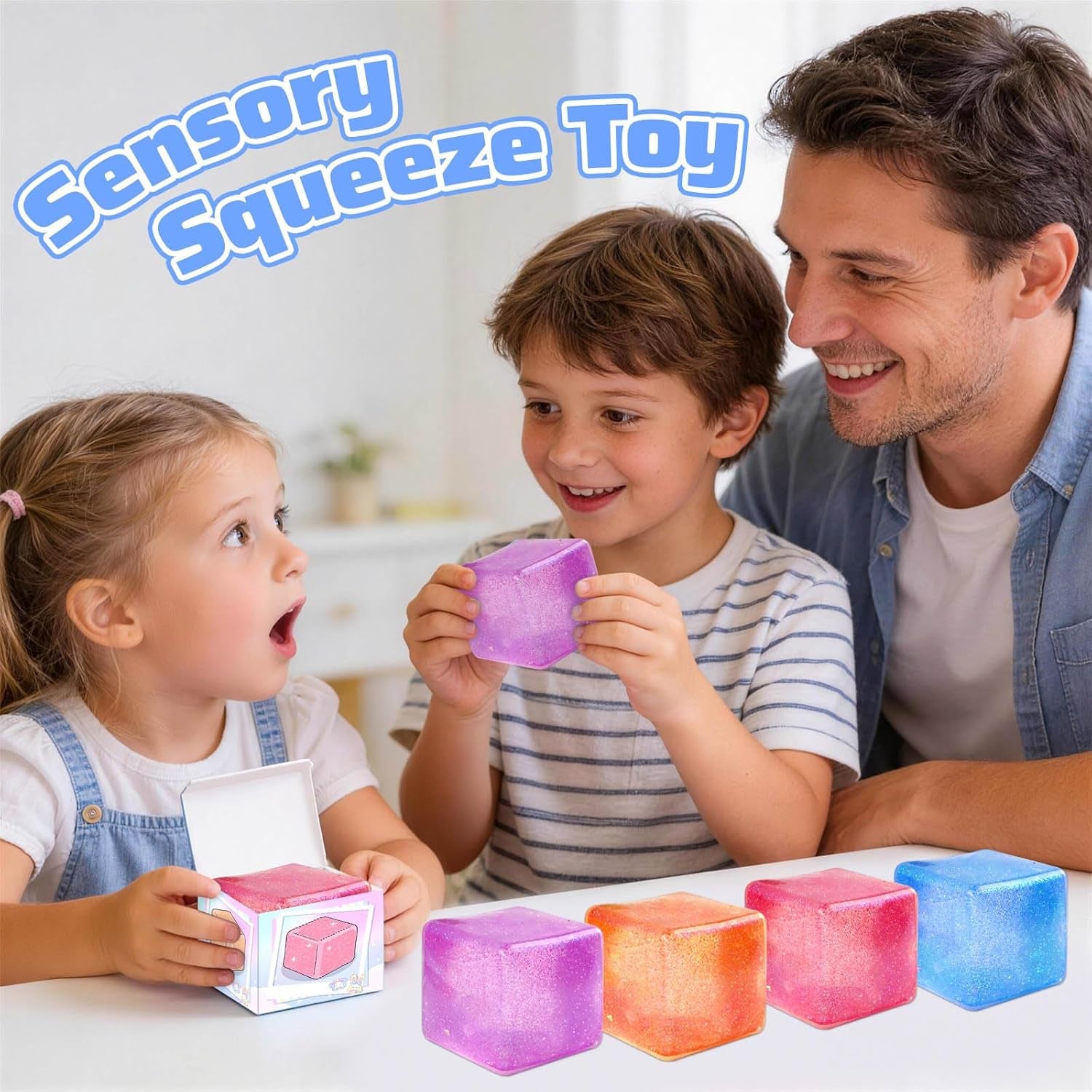 4 Pack Big Ice Cube Squishy Toys, 4 Color Glitter Stress Cube Fidget Toys, 2.2 Inch Sensory Squeeze Toys, Squishy Cube Pack for Kids Adult Anxiety Stress Relief, Quiet Fidgets for Classroom Home