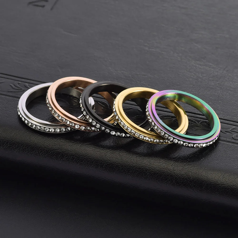 Fidget Anxiety Ring Drive Away Your Anxiety Stainless Steel Spinner Band Rings Cubic Zirconia Rings With Gift Box