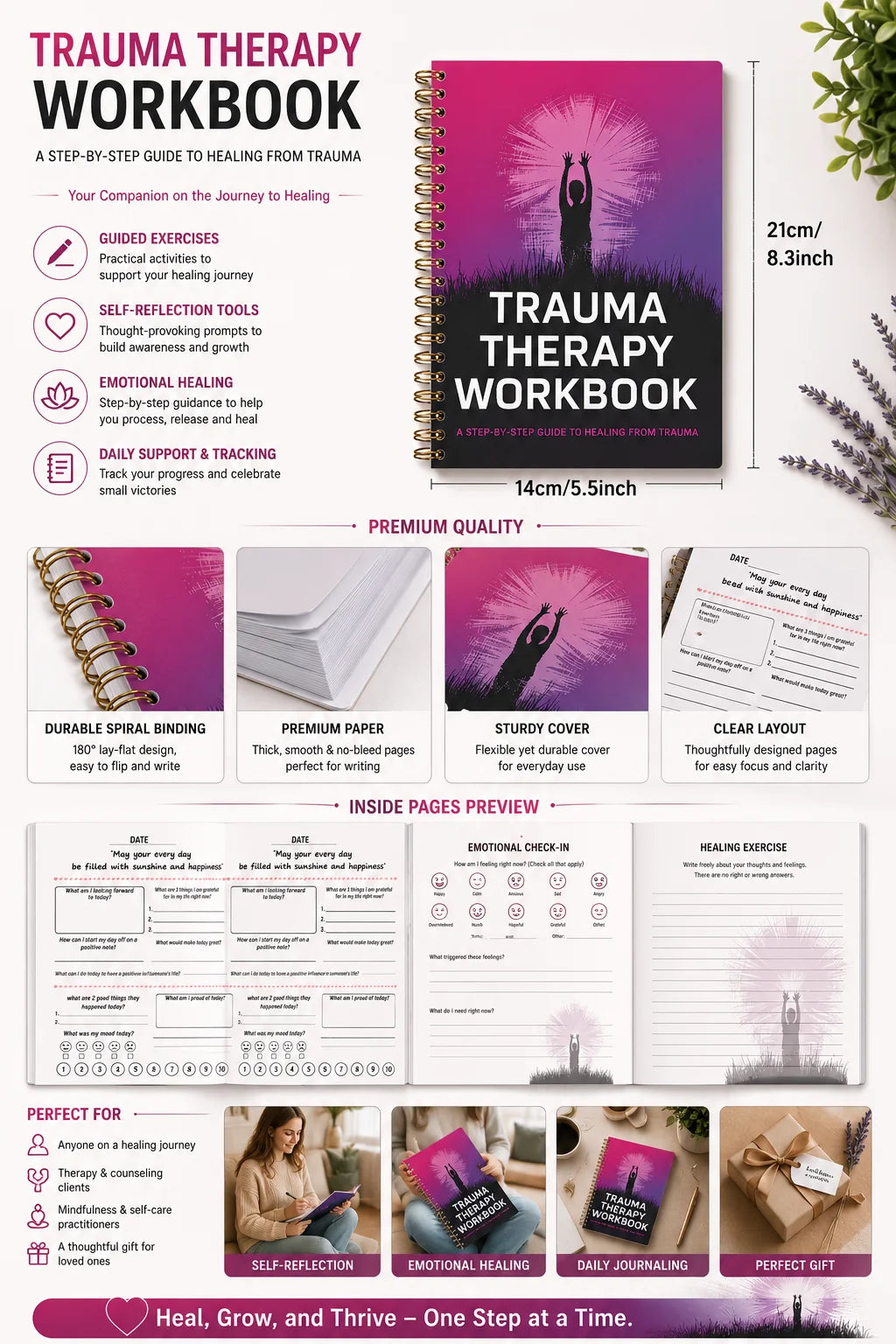 Trauma Therapy Workbook for Emotional Healing, Spiral Bound Journal with Daily Prompts to Process Emotions & Reduce Stress