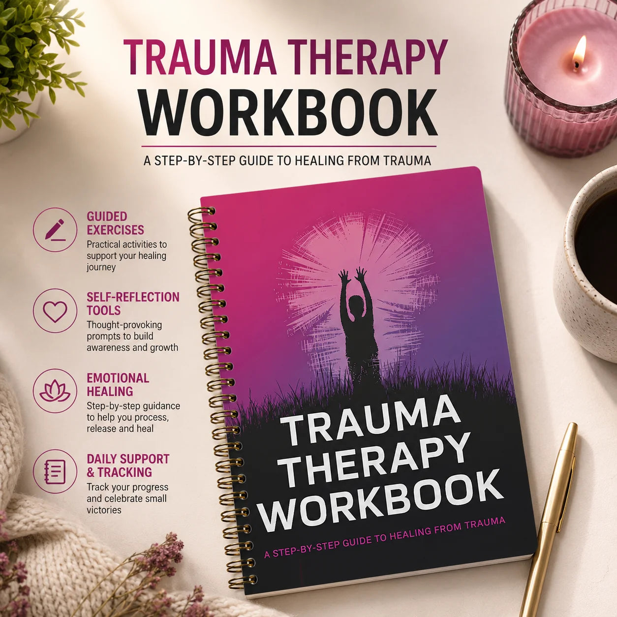 Trauma Therapy Workbook for Emotional Healing, Spiral Bound Journal with Daily Prompts to Process Emotions & Reduce Stress