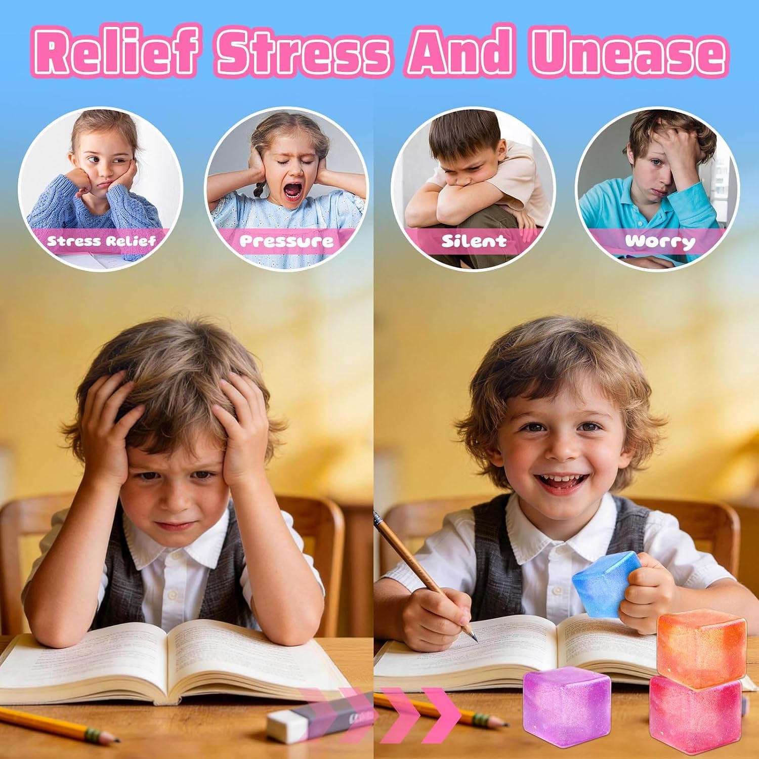 4 Pack Big Ice Cube Squishy Toys, 4 Color Glitter Stress Cube Fidget Toys, 2.2 Inch Sensory Squeeze Toys, Squishy Cube Pack for Kids Adult Anxiety Stress Relief, Quiet Fidgets for Classroom Home