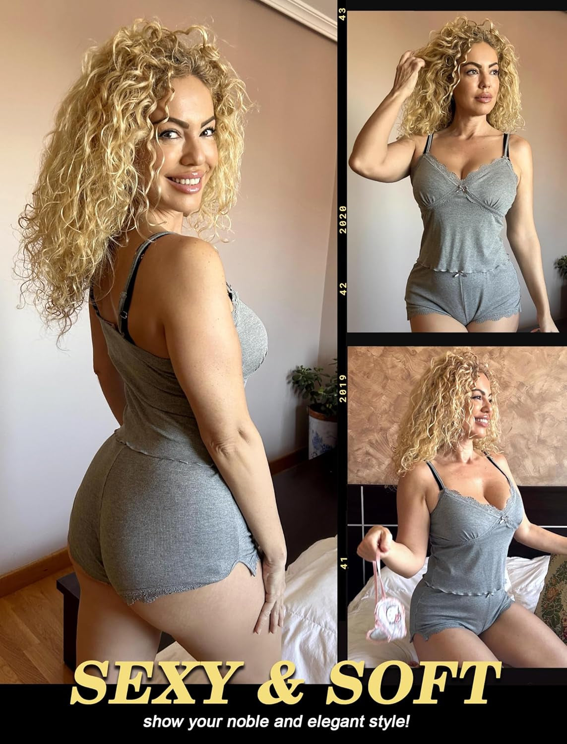 Women'S Soft Ribbed Knit Cami Pajama Set Sexy V Neck Lace Trim Sleepwear Side Slit Shorts Lingerie Nightwear