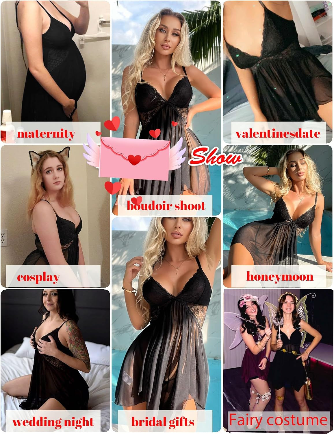 Women Lingerie Lace Babydoll V Neck Sexy Sleepwear Strap Chemise | Nightgown with Thong 2 Piece,Sheer Mesh Lingerie Dress,Nightwear,Boudoir Outfits,Wedding for Bride,Valentines Day