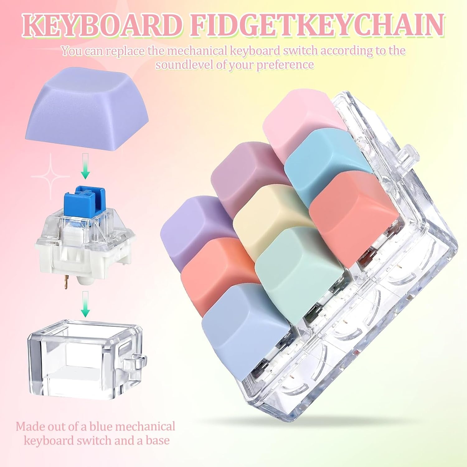 Keyboard Fidget Toy, Fidget Clicker Keychain Stress Relief Button Toy for Adults, Colorful Macaron Stress Relief Gifts for Stress Relief and Pass Time