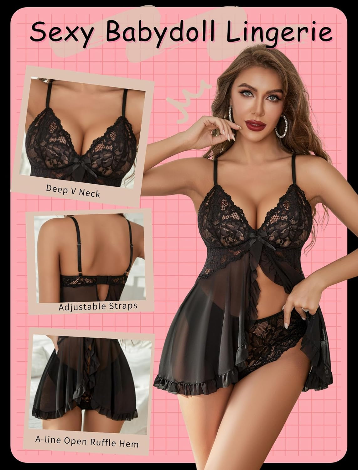 Women Sexy Lingerie Lace Babydoll Chemise Front Open Ruffle Dress | Sheer Mesh Sleepwear with Thong 2 Piece,V-Neck Lingerie Dress,Lace Nightgown,Wireless,Boudoir Outfits