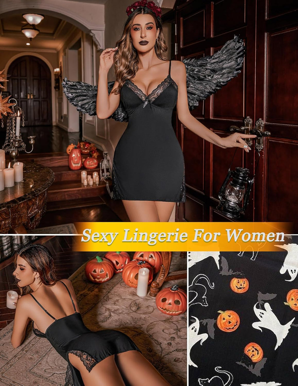 Women'S Lingerie Sexy Nightwear Spaghetti Strap Nightgown Babydoll | Sexy Lingerie for Women, V-Neck Babydoll Lingerie, Cotton Nightgown, Side Slit Chemise Nighty