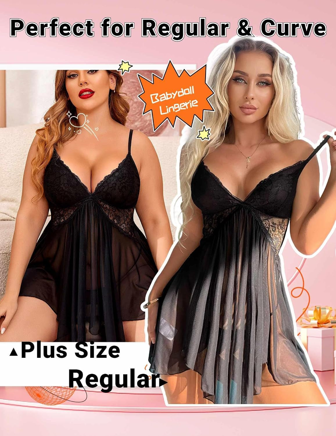 Women Lingerie Lace Babydoll V Neck Sexy Sleepwear Strap Chemise | Nightgown with Thong 2 Piece,Sheer Mesh Lingerie Dress,Nightwear,Boudoir Outfits,Wedding for Bride,Valentines Day