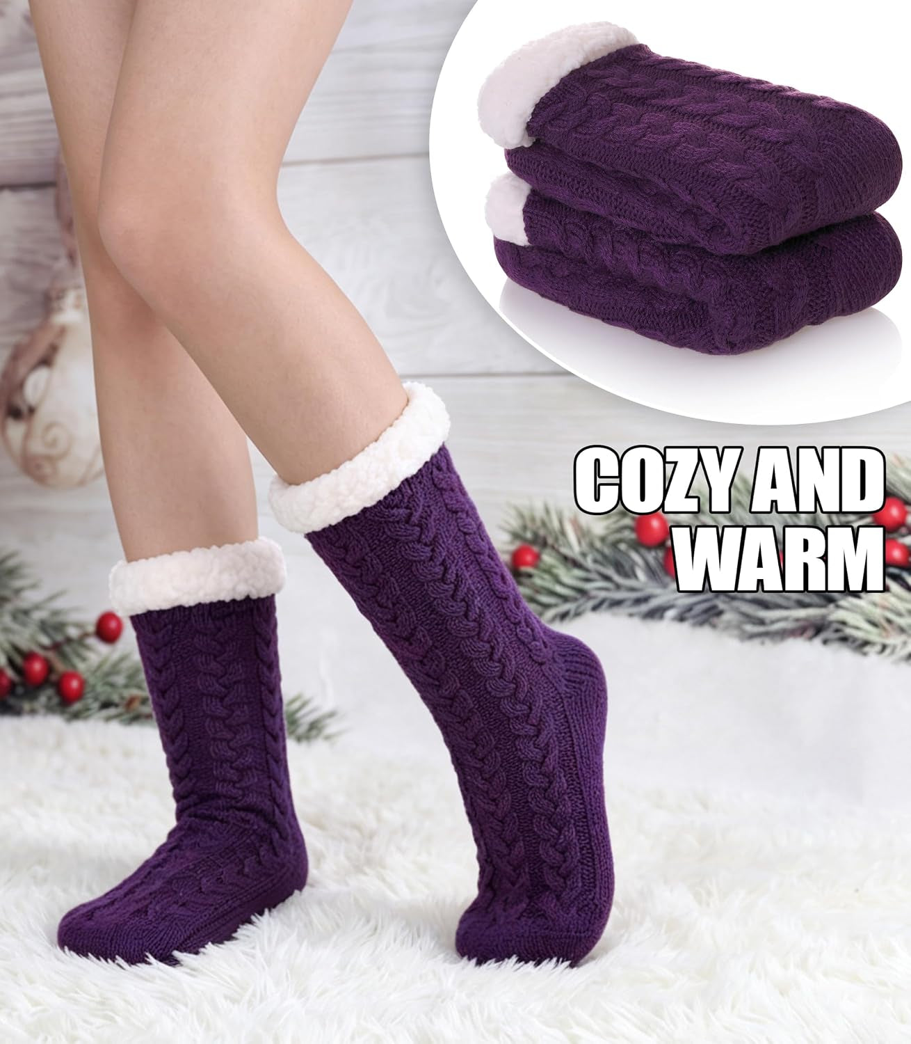 Women'S Winter Super Soft Warm Cozy Fleece Lined Fuzzy Slipper Socks with Grippers